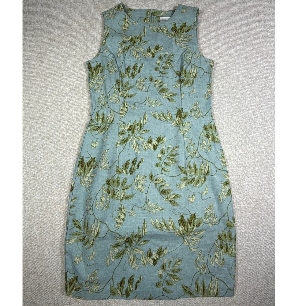 Coldwater Creek Women 12 Blue Floral Linen Blend Sleeveless Knee Length Dress